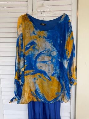 NY Collection Blue & Gold Marble-Print Tunic Top and pant  size M - L or XL 2x1